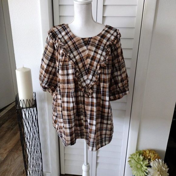 EUC 3X Terra & Sky Plaid Ruffle-Front Short-Sleeve Blouse, 100% Cotton - Picture 2 of 11
